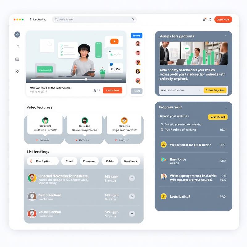 Screenshot of an interactive e-learning platform designed for 'Scholarly Minds', featuring video lectures, quizzes, and progress tracking. The design is clean, engaging, and optimized for online learning.